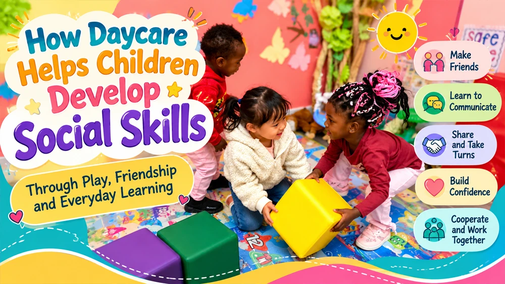 Young children learning social skills & playing together at daycare in Edmonton